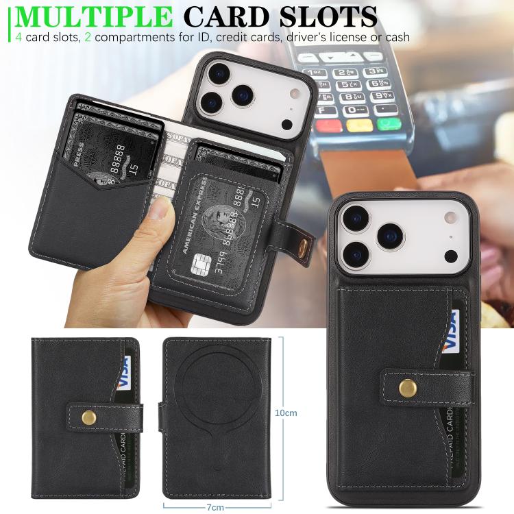For iPhone 17 Pro Max Kalebol Magnetic Button Card Bag MagSafe Ring Leather Phone Case(Black) - iPhone 17 Pro Max Cases by Kalebol | Online Shopping South Africa | PMC TechLife | Buy Now Pay Later Mobicred