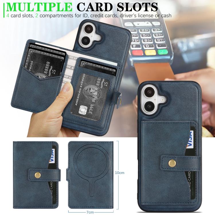 For iPhone 17 Kalebol Magnetic Button Card Bag MagSafe Ring Leather Phone Case(Blue) - iPhone 17 Cases by Kalebol | Online Shopping South Africa | PMC TechLife | Buy Now Pay Later Mobicred