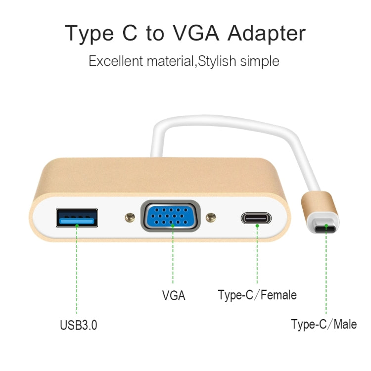 USB Type C to VGA 3-in-1 Hub Adapter supports USB Type C tablets and laptops for Macbook Pro / Google ChromeBook(Gold) - Cable & Adapters by PMC Jewellery | Online Shopping South Africa | PMC Jewellery | Buy Now Pay Later Mobicred