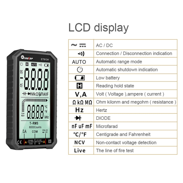 TOOLTOP ET8134 4.7 Inch LCD Full-Screen Multimeter With Color Change Alarm Function - Digital Multimeter by PMC Jewellery | Online Shopping South Africa | PMC Jewellery | Buy Now Pay Later Mobicred