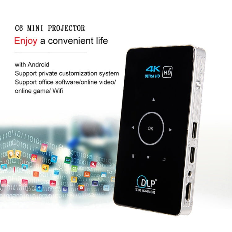 C6 1G+8G Android System Intelligent DLP HD Mini Projector Portable Home Mobile Phone Projector， US Plug  (Black) - Mini Projector by PMC Jewellery | Online Shopping South Africa | PMC Jewellery | Buy Now Pay Later Mobicred