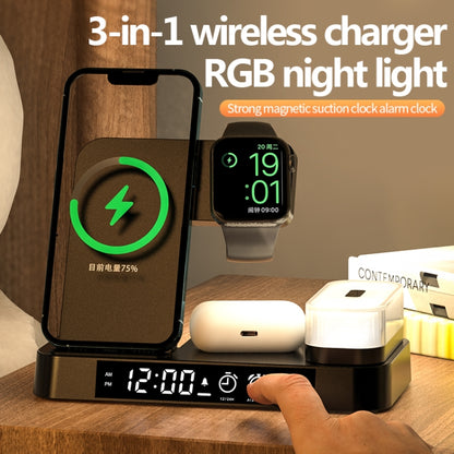 A37 30W 3-in-1 Wireless Charging Phone Stand with RGB Night Light & Alarm Clock & Watch Charger For Apple Function(Black) - Multifunction Charger by null | Online Shopping South Africa | PMC Jewellery | Buy Now Pay Later Mobicred