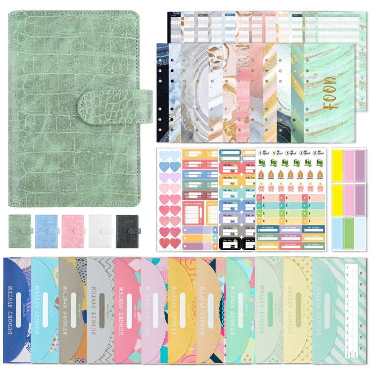 A6 Crocodile Pattern PU Leather Loose-Leaf Binder Budget Notebook Cash Envelope Organizer(Bean Green) - Notebooks by PMc TechLife | Online Shopping South Africa | PMc TechLife | Buy Now Pay Later Mobicred