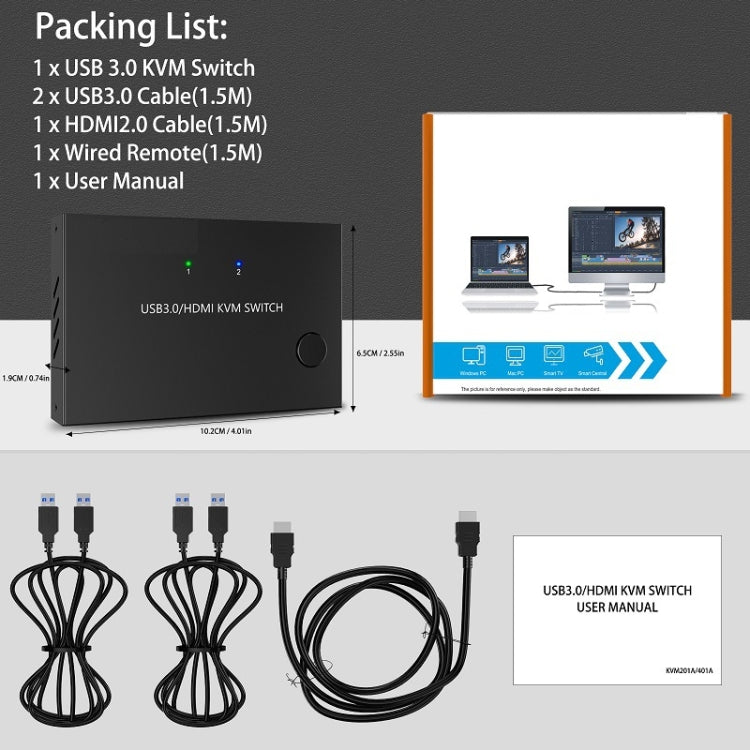 KC-KVM201A 2 In 1 Out 4K 60HZ HDMI KVM Switching USB3.0 Shared Computer Shaped Printer U Disk(Black) - Switch by PMC Jewellery | Online Shopping South Africa | PMC Jewellery | Buy Now Pay Later Mobicred