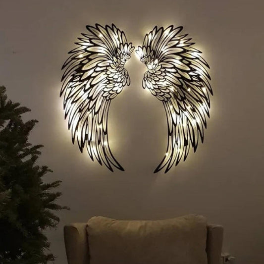 1pair 45cm Double Sided Black Engraved Metal LED Angel Wings Wall Hanging Decoration With Lights - Ornaments by PMC Jewellery | Online Shopping South Africa | PMC Jewellery