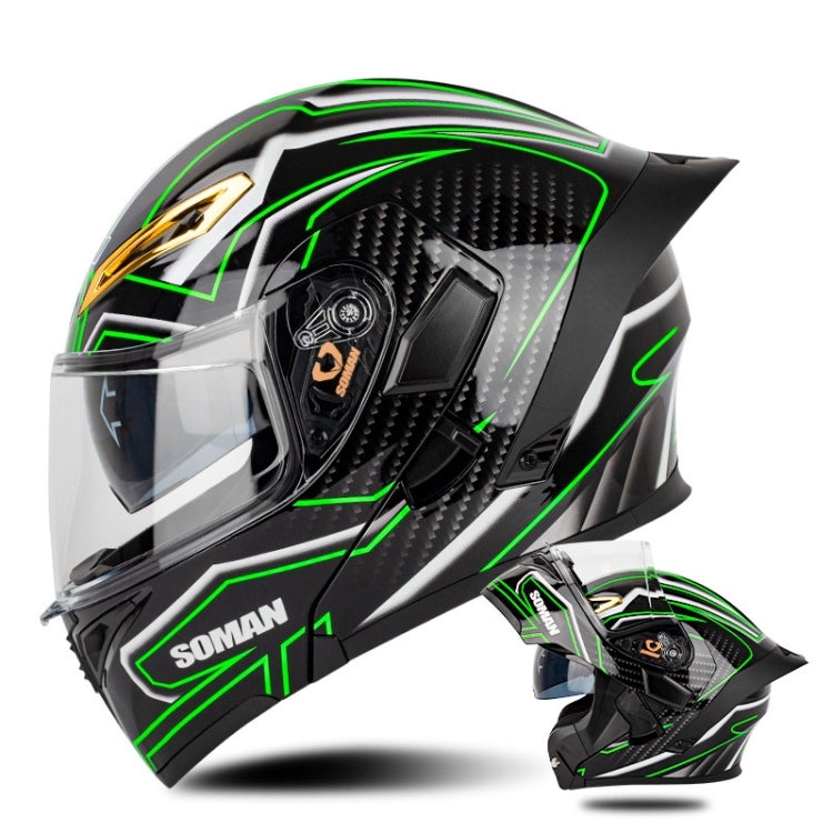 SOMAN Motorcycle Dual Lens Riding Peel-Off Full Coverage Helmet, Size: XL(Bright Black Green) - Helmets by SOMAN | Online Shopping South Africa | PMC Jewellery | Buy Now Pay Later Mobicred