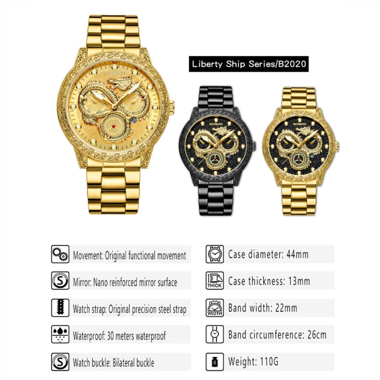 BINBOND B3030 Embossed Dragon Luminous Waterproof Quartz Watch, Color: White Steel-Black - Metal Strap Watches by BINBOND | Online Shopping South Africa | PMC Jewellery
