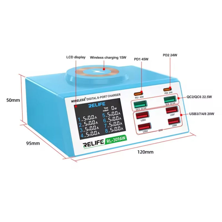 RELIFE RL-309AW  QC3.0 PD Fast Wireless Charger With LCD Display 8 Ports(US Plug) - Multifunction Charger by RELIFE | Online Shopping South Africa | PMC Jewellery | Buy Now Pay Later Mobicred