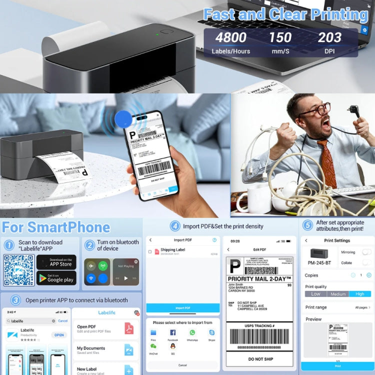 Phomemo PM245-BT Bluetooth Shipping Label Printer Support Labels Width  1- 4.6 Inch(UK Plug) - free shipping - PMC TechLife - Order now!