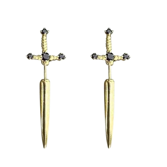 1pair Gothic Sword Earrings Ladies Vintage Crystal Diamond Ear Studs(Gold Black Diamond) - Stud Earrings & Earrings by PMC Jewellery | Online Shopping South Africa | PMC Jewellery | Buy Now Pay Later Mobicred