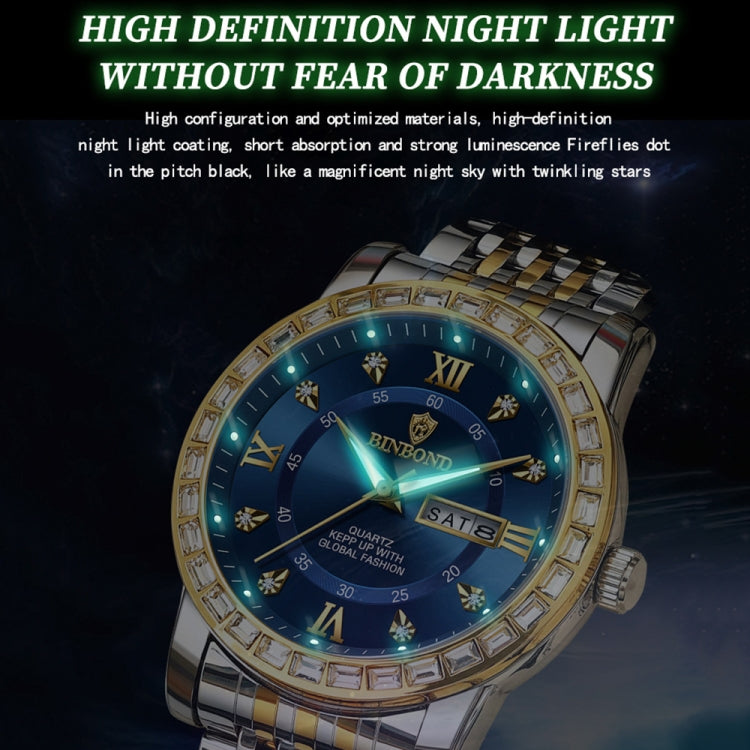 BINBOND B2202 Diamond Dual-calendar Luminous Quartz Watch, Color: White Steel-Blue - Metal Strap Watches by BINBOND | Online Shopping South Africa | PMC Jewellery | Buy Now Pay Later Mobicred