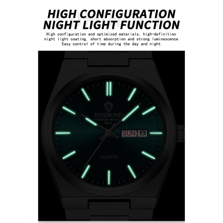 BINBOND B102 Dual-calendar Leisure Waterproof Luminous Quartz Watch, Color: Full-gold-Black - Metal Strap Watches by BINBOND | Online Shopping South Africa | PMC Jewellery | Buy Now Pay Later Mobicred