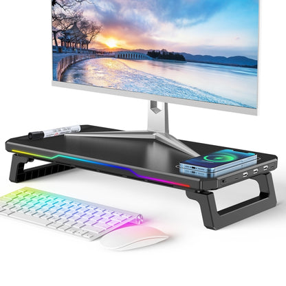 RGB Computer Monitor Stand Riser 3 USB 2.0 +1 Type-C Ports, Spec: Wireless Charging  Black - Laptop Stand by PMC Jewellery | Online Shopping South Africa | PMC Jewellery | Buy Now Pay Later Mobicred