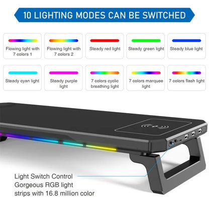 RGB Computer Monitor Stand Riser 3 USB 2.0 +1 Type-C Ports, Spec: Wireless Charging  Black - Laptop Stand by PMC Jewellery | Online Shopping South Africa | PMC Jewellery | Buy Now Pay Later Mobicred