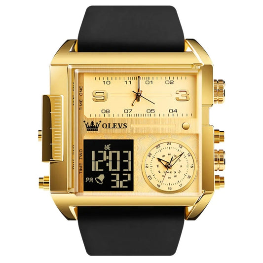 OLEVS 1101 Sports Multi-Function Square Men Quartz Electronic Watch(Black Gold) - Leather Strap Watches by OLEVS | Online Shopping South Africa | PMC Jewellery | Buy Now Pay Later Mobicred