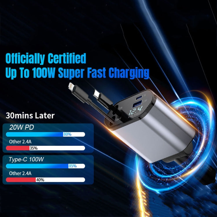 4-In-1 120W Multifunctional USB Retractable Dual-Line Digital Display Car Fast Charger(8 Pin + Type-C) - free shipping - PMC TechLife - Order now!
