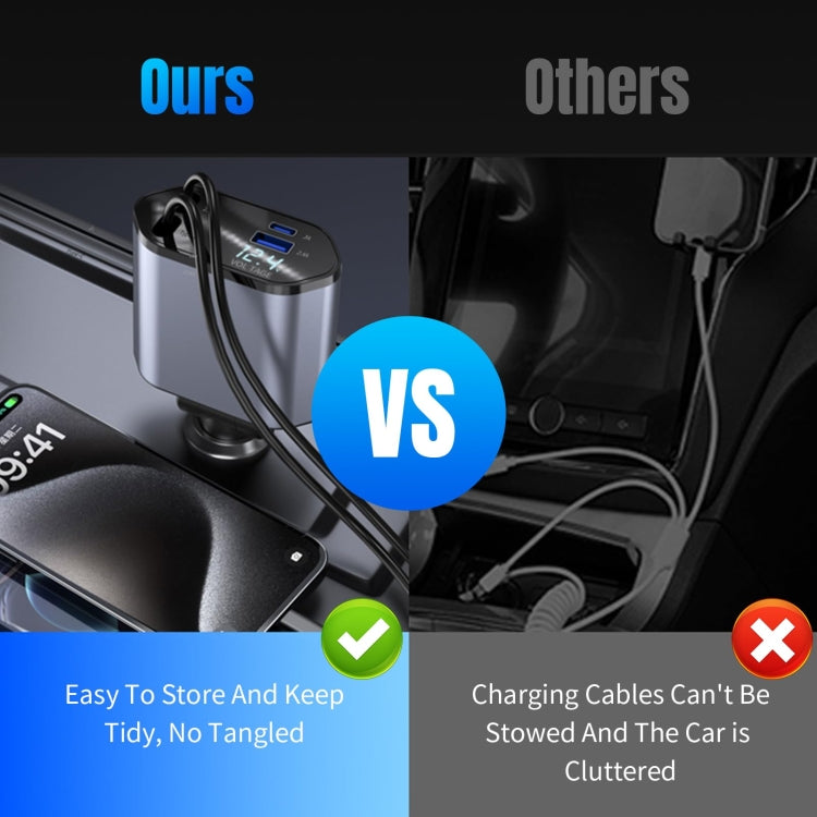 4-In-1 120W Multifunctional USB Retractable Dual-Line Digital Display Car Fast Charger(8 Pin + Type-C) - free shipping - PMC TechLife - Order now!