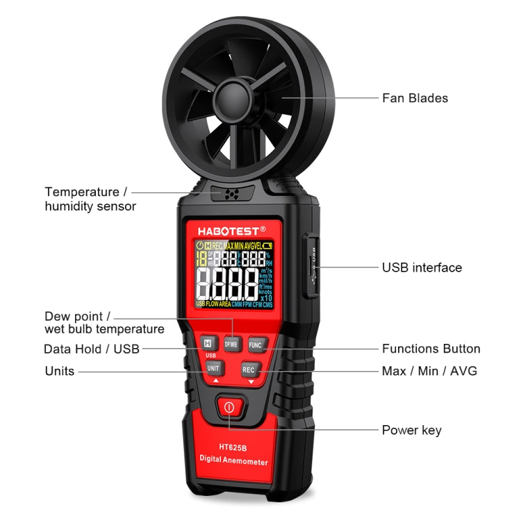 HABOTEST Handheld High-Precision Digital Anemometer With USB(HT625B) - Tachometers & Anemometer by HABOTEST | Online Shopping South Africa | PMC Jewellery | Buy Now Pay Later Mobicred