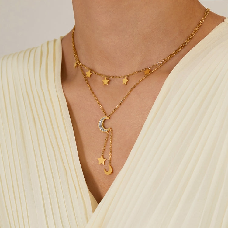 OPK GX2437 Stainless Steel Star Moon Tassel Pendant Double Layers Stacked Collarbone Chain(Gold) - Necklaces & Pendants by OPK | Online Shopping South Africa | PMC Jewellery | Buy Now Pay Later Mobicred