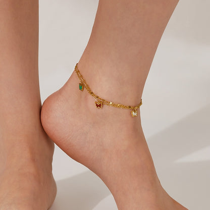 OPK GZ190 Stainless Steel Double Chain Stacking Butterfly Small Accessory Anklets(Gold) - Anklets by OPK | Online Shopping South Africa | PMC Jewellery | Buy Now Pay Later Mobicred