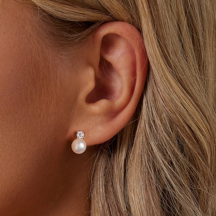 S925 Sterling Silver Platinum-plated Moissanite Pearl Earrings, Size: 0.1 Carat - Stud Earrings & Earrings by PMC Jewellery | Online Shopping South Africa | PMC Jewellery | Buy Now Pay Later Mobicred