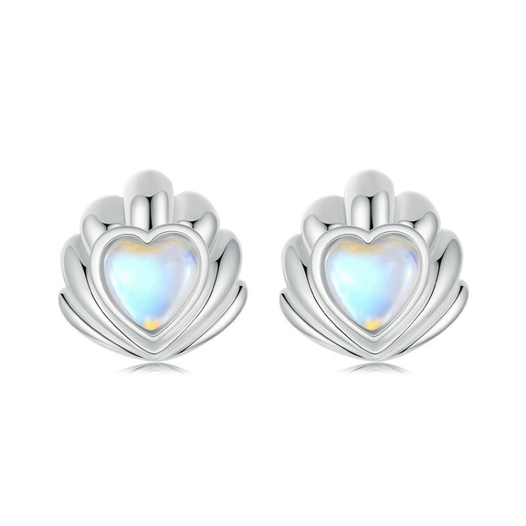 S925 Sterling Silver Platinum-plated Three-dimensional Shell Moonstone Earrings(SCE1763) - Stud Earrings & Earrings by PMC Jewellery | Online Shopping South Africa | PMC Jewellery | Buy Now Pay Later Mobicred