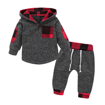 Hoodies Toddler Plaid Hooded Tops Long Pants Kids Set, Kid Size:70cm(Dark Grey) - Boy Clothing by PMC Jewellery | Online Shopping South Africa | PMC Jewellery