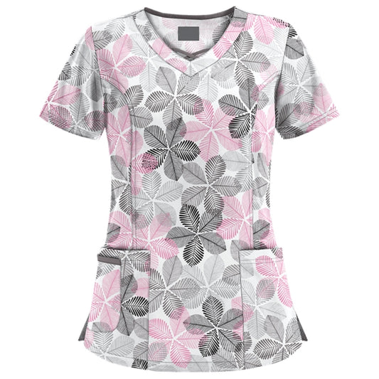 Mid-length Slim-fitting Printed Pullover Nurse Uniform V-neck T-shirt (Color:Pink Size:XXXL) - T-shirt by PMC Jewellery | Online Shopping South Africa | PMC Jewellery