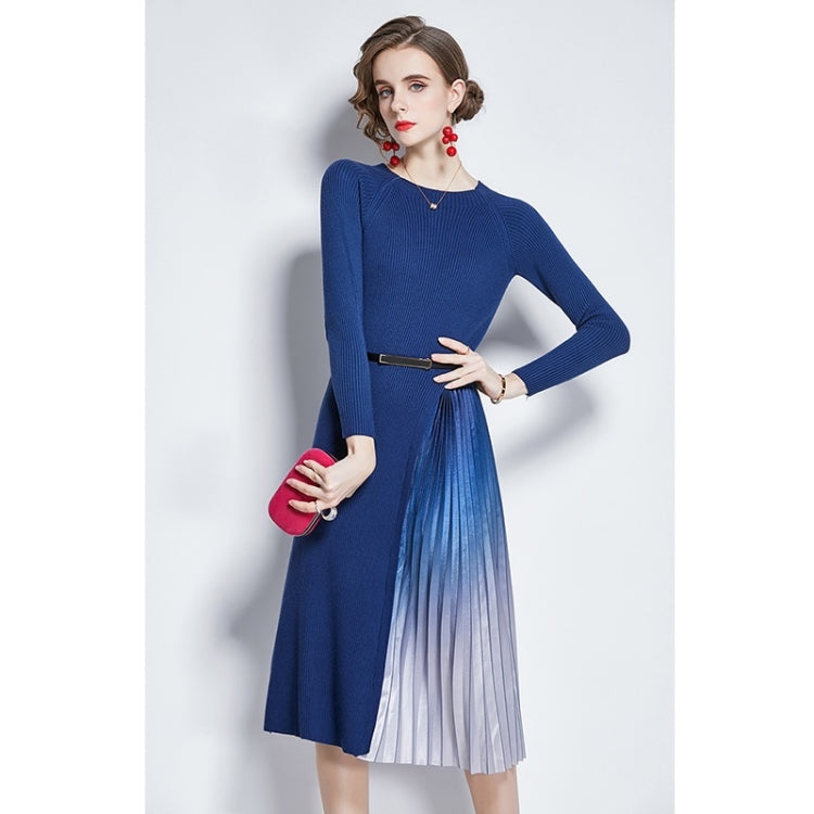 Mid-length Gradient Pleated Stitching Long-sleeved Knitted Dress (Color:Blue Size:XXL) - Dress by PMC Jewellery | Online Shopping South Africa | PMC Jewellery