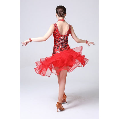 5 in 1 Sleeveless Latin Dance Dress + Collar + Separate Bottoms + Bracelets Set (Color:Red Size:XXL) - Dress by PMC Jewellery | Online Shopping South Africa | PMC Jewellery
