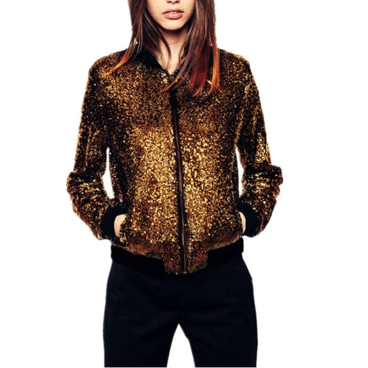 Women Wild Casual Sequin Jacket Short Coat (Color:Gold Size:XXL) - Jacket & Loose Coat by PMC Jewellery | Online Shopping South Africa | PMC Jewellery