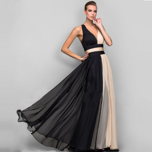 V-neck Open Back Contrast Party Dress (Color:Black Pink Size:S) - Dress by PMC Jewellery | Online Shopping South Africa | PMC Jewellery | Buy Now Pay Later Mobicred