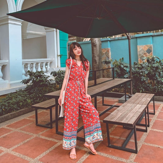 Holiday Style Retro Printed Wood Ear Button Waist Wide Leg Pants Floral Tie Jumpsuit (Color:Red Size:S) - One-Piece Garment by PMC Jewellery | Online Shopping South Africa | PMC Jewellery