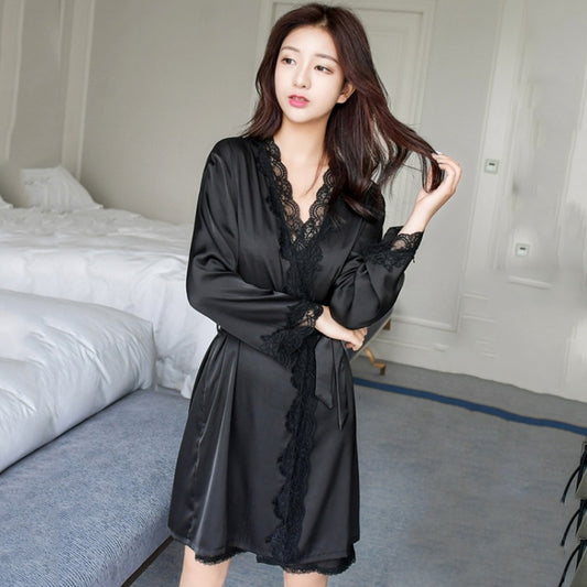 2 in 1 Ladies Lace Silk Sling Nightdress + Cardigan Nightgown Set (Color:Black Size:Xxl) - Dress by PMC Jewellery | Online Shopping South Africa | PMC Jewellery
