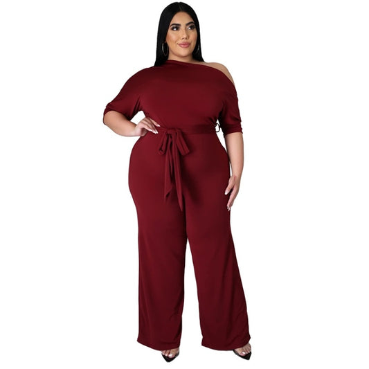 Solid Color Oblique Shoulder Strap Jumpsuit Wide-leg Pants (Color:Wine Red Size:XXXL) - One-Piece Garment by PMC Jewellery | Online Shopping South Africa | PMC Jewellery