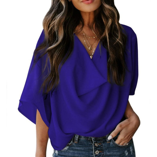 Solid Color Loose V-neck Bat Sleeve Short-sleeved T-shirt For Women (Color:Royal Blue Size:M) - T-shirt by PMC Jewellery | Online Shopping South Africa | PMC Jewellery