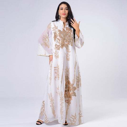 Women Gold Sequin Embroidered Stand Collar Dress (Color:White Size:S) - Dress by PMC Jewellery | Online Shopping South Africa | PMC Jewellery