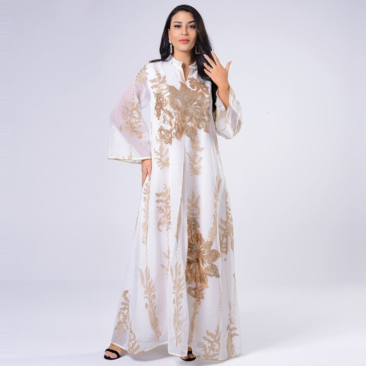 Women Gold Sequin Embroidered Stand Collar Dress (Color:White Size:XXL) - Dress by PMC Jewellery | Online Shopping South Africa | PMC Jewellery