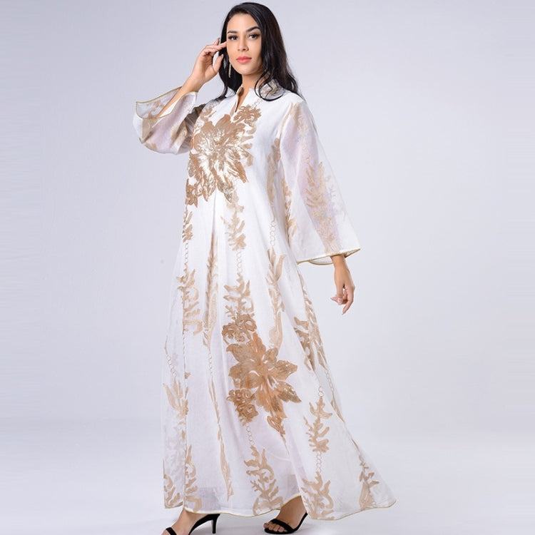 Women Gold Sequin Embroidered Stand Collar Dress (Color:White Size:XXL) - Dress by PMC Jewellery | Online Shopping South Africa | PMC Jewellery