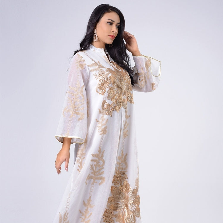 Women Gold Sequin Embroidered Stand Collar Dress (Color:White Size:XXL) - Dress by PMC Jewellery | Online Shopping South Africa | PMC Jewellery