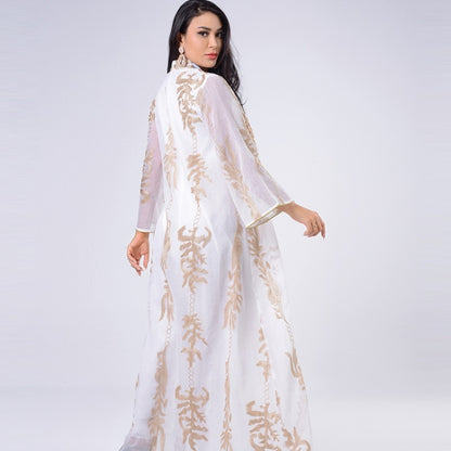 Women Gold Sequin Embroidered Stand Collar Dress (Color:White Size:XXL) - Dress by PMC Jewellery | Online Shopping South Africa | PMC Jewellery