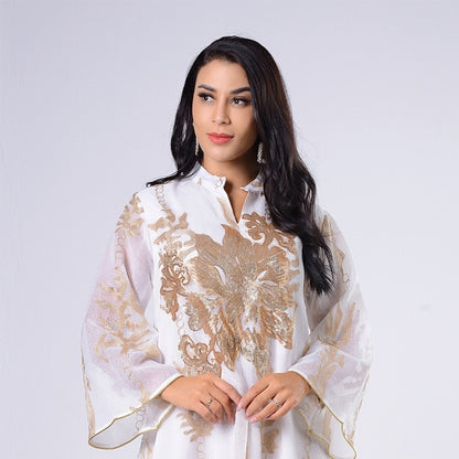 Women Gold Sequin Embroidered Stand Collar Dress (Color:White Size:XXL) - Dress by PMC Jewellery | Online Shopping South Africa | PMC Jewellery