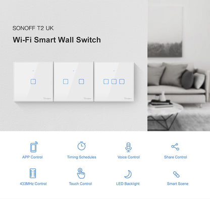 Sonoff T2 Touch 86mm Tempered Glass Panel Wall Switch Smart Home Light Touch Switch, Compatible with Alexa and Google Home, AC 100V-240V, UK Plug - Smart Switch by PMC Jewellery | Online Shopping South Africa | PMC Jewellery
