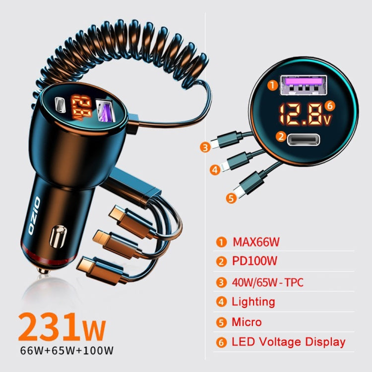 Ozio HX08 231W Type-C + USB Dual Port Car Charger with 3 in 1 Spring Data Cable - Car Charger by ozio | Online Shopping South Africa | PMC Jewellery