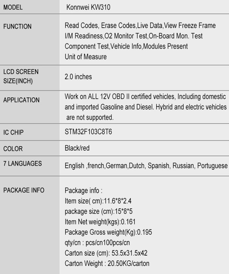 KONNWEI KW310 OBD Car Fault Detector Code Reader ELM327 OBD2 Scanner Diagnostic Tool(Red) - Code Readers & Scan Tools by KONNWEI | Online Shopping South Africa | PMC Jewellery | Buy Now Pay Later Mobicred