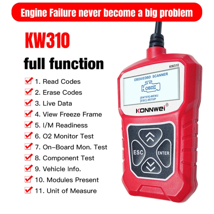 KONNWEI KW310 OBD Car Fault Detector Code Reader ELM327 OBD2 Scanner Diagnostic Tool(Red) - Code Readers & Scan Tools by KONNWEI | Online Shopping South Africa | PMC Jewellery | Buy Now Pay Later Mobicred