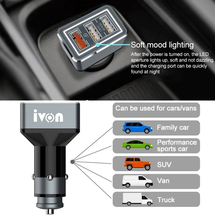 IVON CC36 39W 7.2A QC 3.0 USB + Dual USB Car Charger with Ambient Light - Car Charger by IVON | Online Shopping South Africa | PMC Jewellery