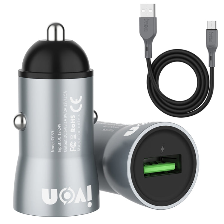 IVON CC39 18W 3.1A QC 3.0 USB Car Charger + 1m USB to USB-C / Type-C Fast Charge Data Cable Set - Car Charger by IVON | Online Shopping South Africa | PMC Jewellery