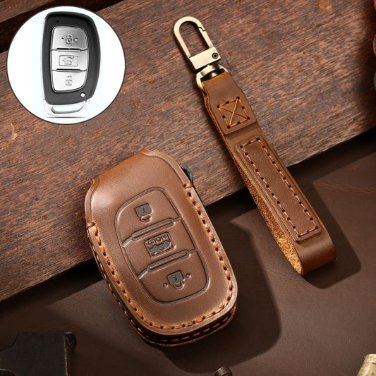 Hallmo Car Cowhide Leather Key Protective Cover Key Case for Hyundai IX35 A Style(Brown) - Car Key Cases by Hallmo | Online Shopping South Africa | PMC Jewellery