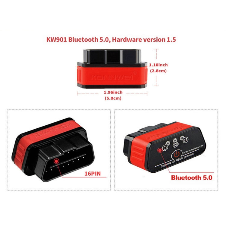 KONNWEI KW901 Android Phone OBD2 Car Bluetooth 5.0 Diagnostic Scan Tools(Red) - Code Readers & Scan Tools by KONNWEI | Online Shopping South Africa | PMC Jewellery | Buy Now Pay Later Mobicred